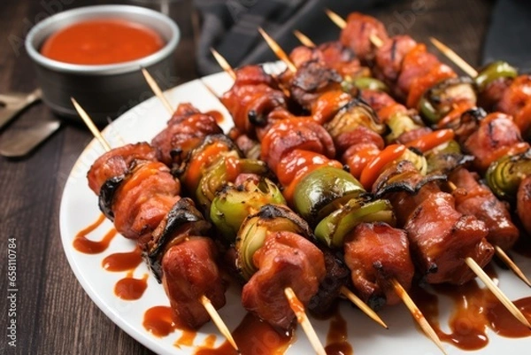 Fototapeta bacon-wrapped brussels sprouts on skewers with bbq sauce on side