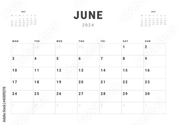 Fototapeta Monthly page Calendar Planner Templates of June 2024. Vector layout of simple calendar with week start Monday for print. Page for size A4 or 21x29.7 cm