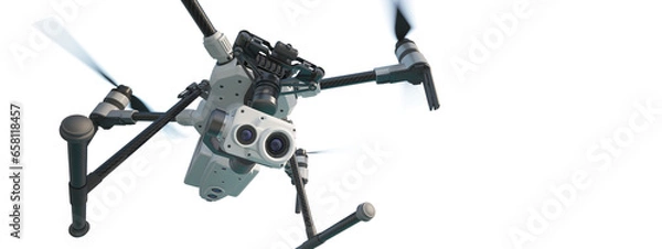 Fototapeta A modern aerial drone (quadcopter) with remote control, flying with an action camera. 3d illustration. Isolated on white background