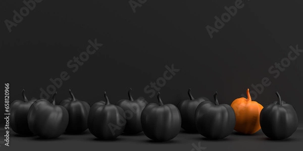 Fototapeta Diverse pumpkin between many realistic black pumpkins on elegant dark Halloween background, bottom frame. Modern invitation template, sales design in 3d Render, copy space. Traditional autumn holiday.