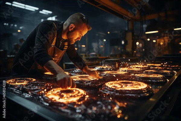 Obraz Man contractor in uniform working at metalworking plant. Engineering factory concept. AI generated