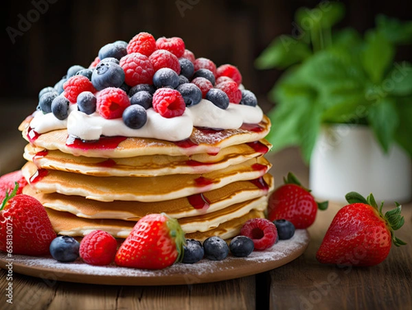 Fototapeta stack of pancakes with berries