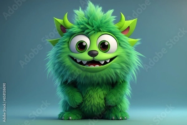 Fototapeta Cute green monster 3D cartoon character. Generative Ai.