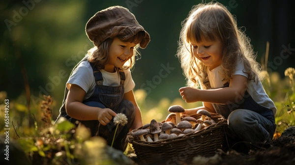 Fototapeta Children collect mushrooms in the forest.