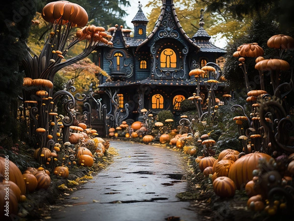 Fototapeta Creepy figures of jack-o'-lanterns for Halloween at night in the city