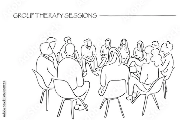 Obraz group of people. Hand-drawn line art vector of Group Psychotherapy Sessions. Psychology line art. Mental health and social bonds