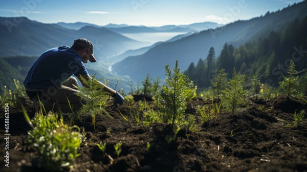 Obraz Reforestation after Fire: Volunteers Restoring Local Flora, Generative AI