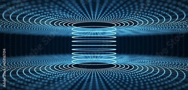 Fototapeta 3d wireframe tunnel. Abstract background of lines and dots. Tunnel through space. Optical illusion. 3D rendering.