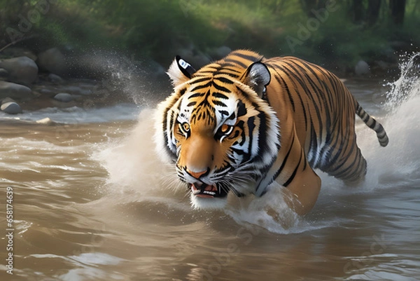 Fototapeta A Tiger running on the river in aggressive mode