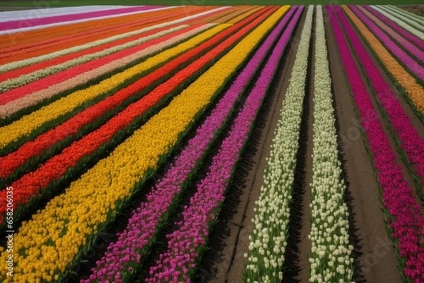 Fototapeta A spectacular top-down view of the colorful fields of flowers
