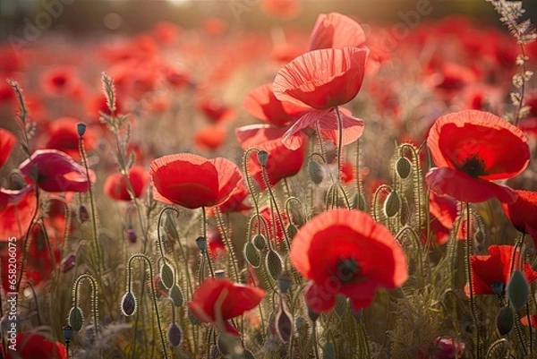 Fototapeta A vibrant background image featuring a field of red poppy flowers