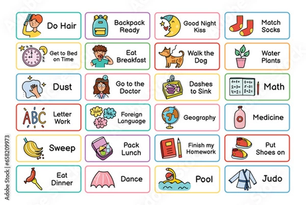 Fototapeta Kids daily routine chores collection. Responsibilities list for the chore chart. Morning and evening tasks set. Vector illustration
