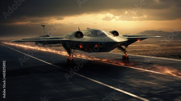 Fototapeta Silhouette of spy drone ready for takeoff on the runway.