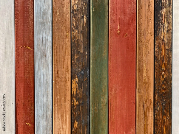 Fototapeta Colorful texture of painted in different bright colors wooden boards close up. Colorful surface of wooden wall from painted boards close-up.