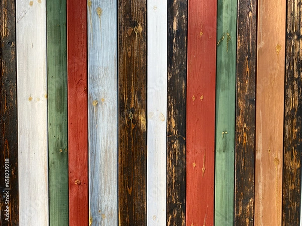 Fototapeta Colorful texture of painted in different bright colors wooden boards close up. Colorful surface of wooden wall from painted boards close-up.