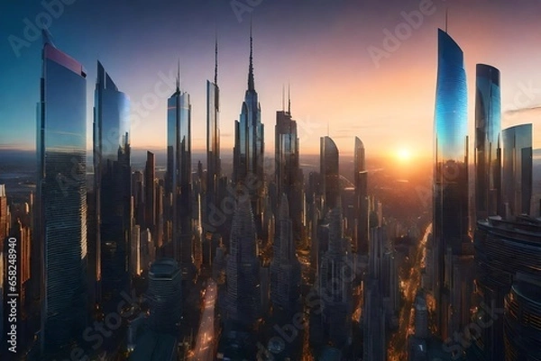 Fototapeta A sunset view of the futuristic city skyline with holographic billboards and elegant towers.