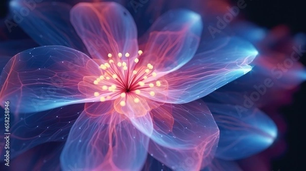Obraz Digital futuristic flower wallpaper, neon light glow blossom wireframe, background with flower cyber hologram in AI generative