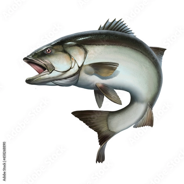 Obraz Seabass, sea wolf fish predator. Sea bass illustration realistic isolate.