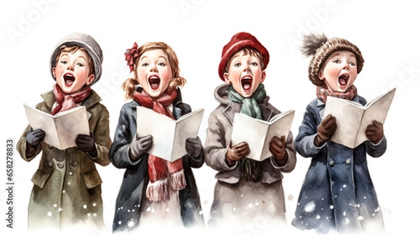 Fototapeta A group of carolers joyfully sing in front of a clear white background in this festive image.