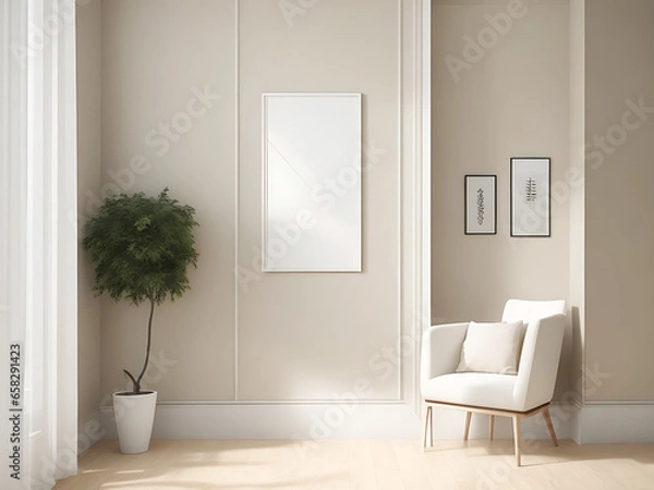 Obraz Frame mockup in contemporary minimalist beige room interior, 3d render