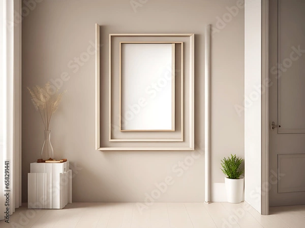 Obraz Frame mockup in contemporary minimalist beige room interior, 3d render