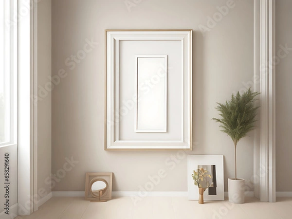 Obraz Frame mockup in contemporary minimalist beige room interior, 3d render