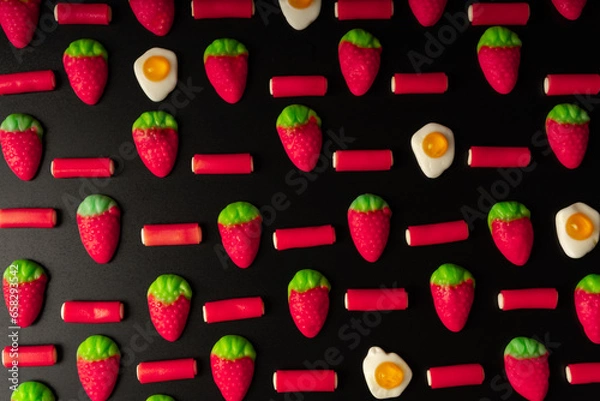 Obraz candy strawberries licorice and fried eggs
