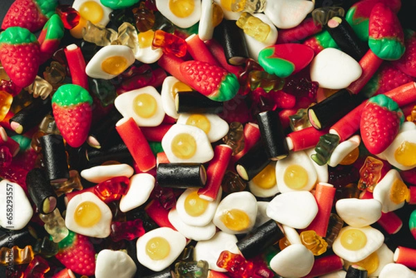 Obraz mountain of candy strawberries licorice and fried eggs