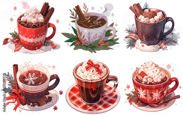 Fototapeta Christmas coffee cups adorned with whipped cream, candy canes, chocolate, cinnamon sticks, and other festive decorations.Generative Ai