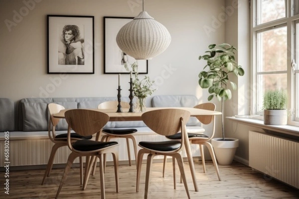 Fototapeta 3d rendering Japandi style mock up room stdio apartment or condominium decoration with modern scandinavian furniture, wooden table and chair.