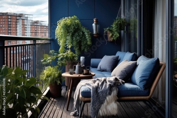 Fototapeta Step onto the veranda with expansive windows and a chic blue-accented sofa. This elegant space seamlessly fuses the indoors and outdoors, providing a harmonious mix of comfort and style.