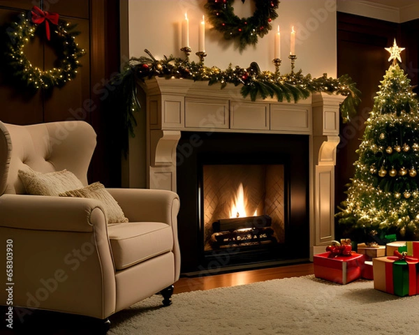 Fototapeta A room in an elegant house with a lit fireplace where the fire can be seen, decorated with a Christmas tree, gifts, and an Advent wreath