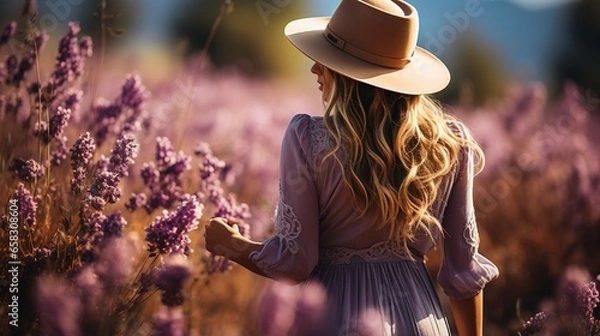 Obraz A happy woman walking through in lavender flower field