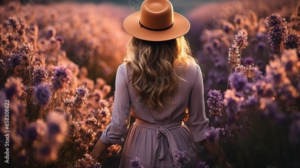 Obraz  A happy woman walking through in lavender flower filed