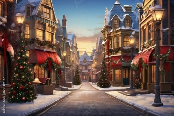Fototapeta "Step Back in Time on a Victorian Christmas Street" Ai generated.
