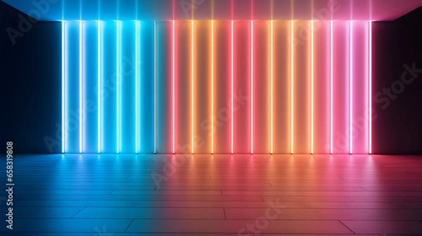 Fototapeta Abstract futuristic sci-fi empty room with glowing neon lights on dark background with reflection