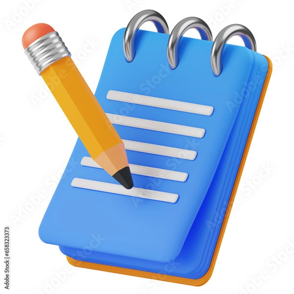 Fototapeta Cartoon notes with paper and yellow pencil. 3D icon isolated background.