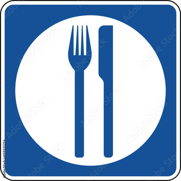 Fototapeta Transparent PNG of a Vector graphic of a blue usa Food mutcd highway sign. It consists of a silhouette of a plate and a knife and fork contained in a blue square