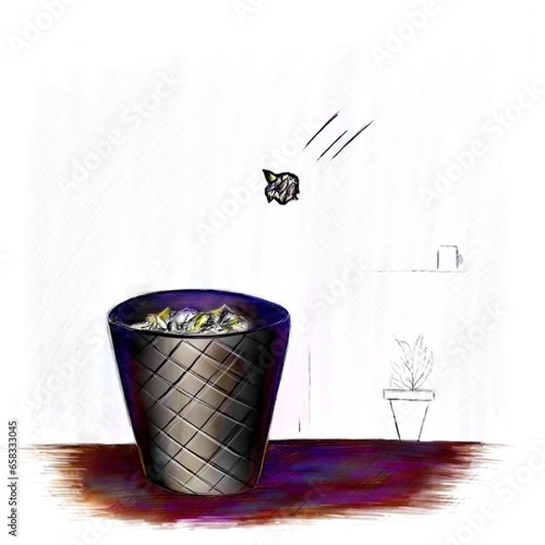 Fototapeta Paper waste bin with crumpled paper falling into it