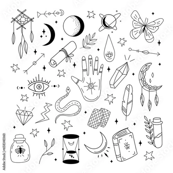 Fototapeta Hand-drawn doodle-style magical set of various esoteric elements illustration for cards, posters, stickers, and professional design