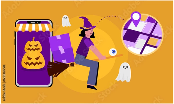 Obraz Online Shopping and Delivery in the Spirit of Halloween, vector illustrator