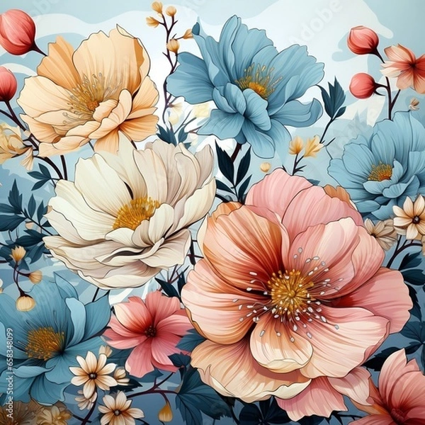 Fototapeta A floral pattern recoloring a light grey background