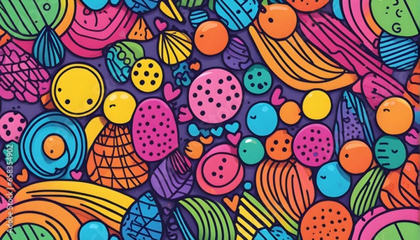 Fototapeta Fun colorful line doodle seamless pattern. Creative minimalist style art background for children or trendy design with basic shapes. Simple party confetti texture, childish scribble shape backdrop.