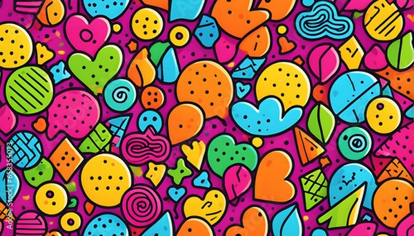 Fototapeta Fun colorful line doodle seamless pattern. Creative minimalist style art background for children or trendy design with basic shapes. Simple party confetti texture, childish scribble shape backdrop.