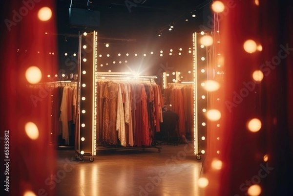 Obraz Actor's dressing room, lit by bulbs, with costumes hanging - Behind the scenes - AI Generated