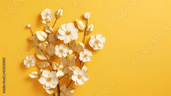 Fototapeta Illustration de fleurs dorées et blanches sur un fond de couleur jaune. Arrière-plan et fond pour conception et création graphique.
