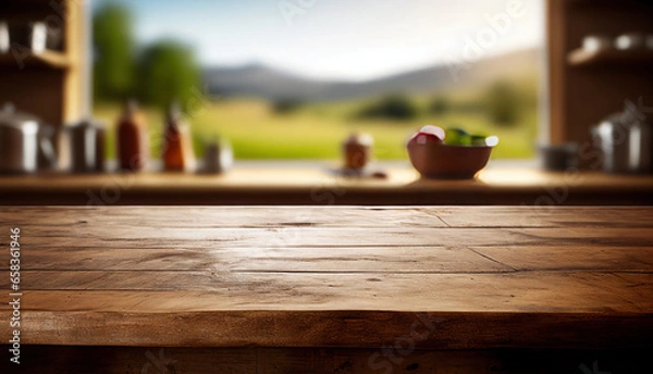 Fototapeta Empty old wooden table with countryside kithcen in background