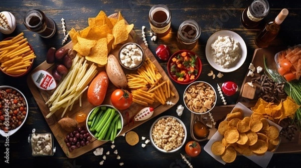 Fototapeta  a variety of snacks and snacks on a table with cups of coffee.  generative ai