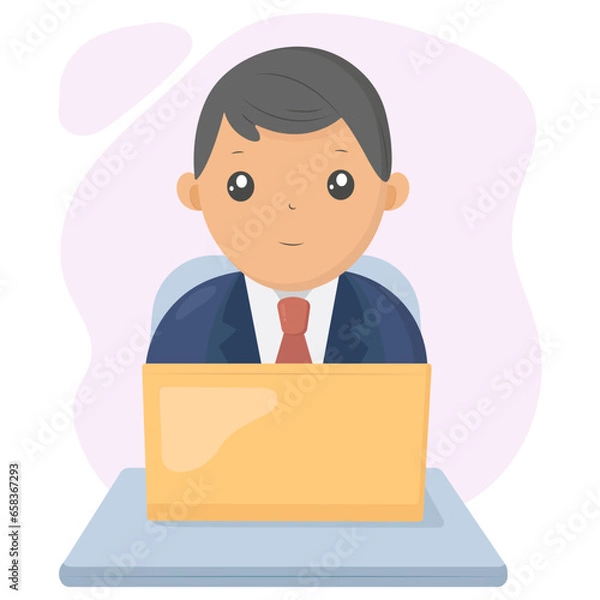 Fototapeta A man sits at a table with a laptop. Vector illustration