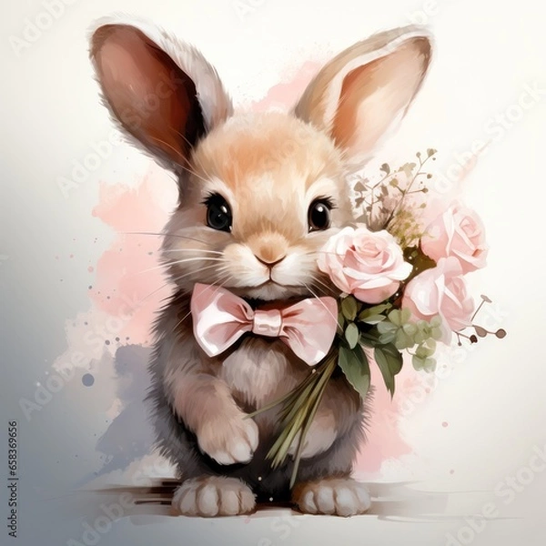 Fototapeta Cute little bunny boy with a bouquet of flowers close-up on a light background. 